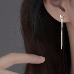 Silvery Butterfly Long Chain Dangle Earrings Copper Silver Plated Jewelry