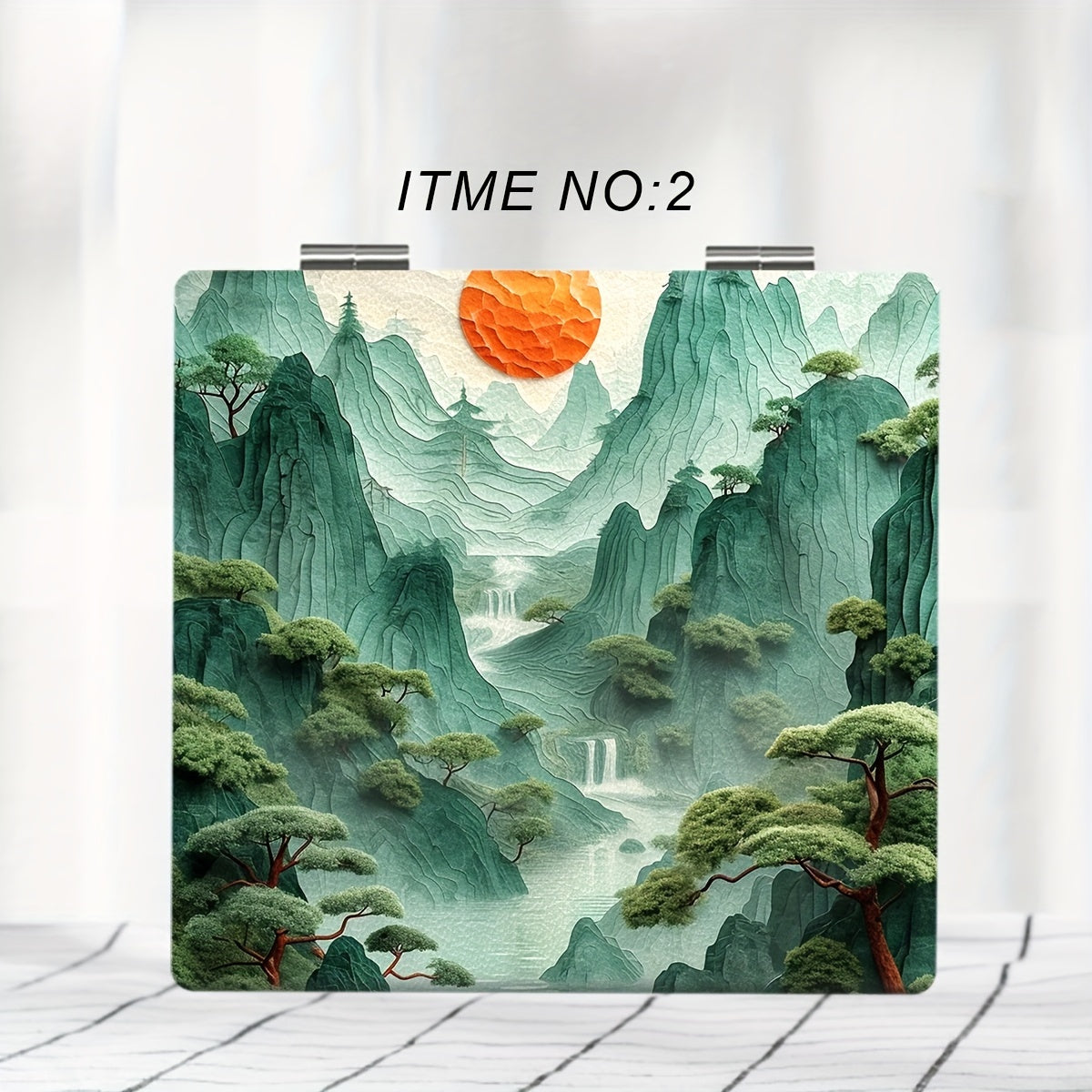 Portable Foldable Handheld Makeup Mirror with Classical Chinese Landscape Art