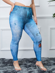  Teddy Bear & Denim Print High Rise Fitness Leggings Women's Plus