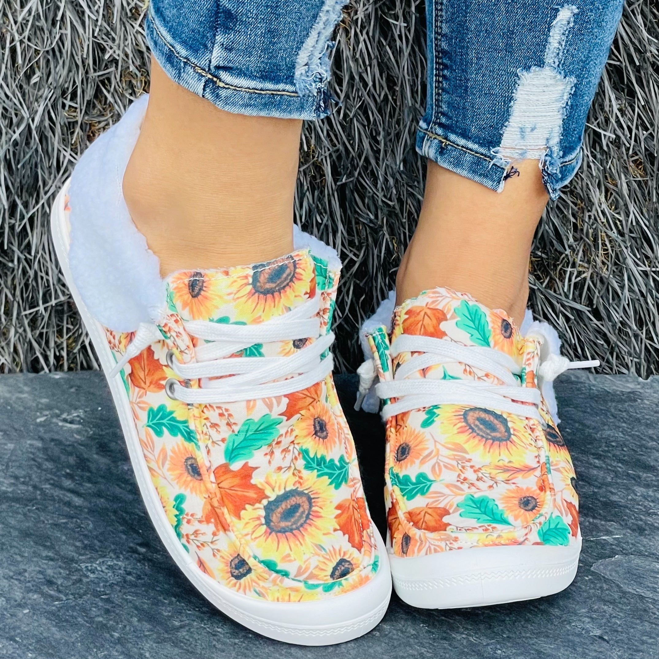 Women's Winter Sunflower Floral Pattern Warm Sneakers Ankle Boots