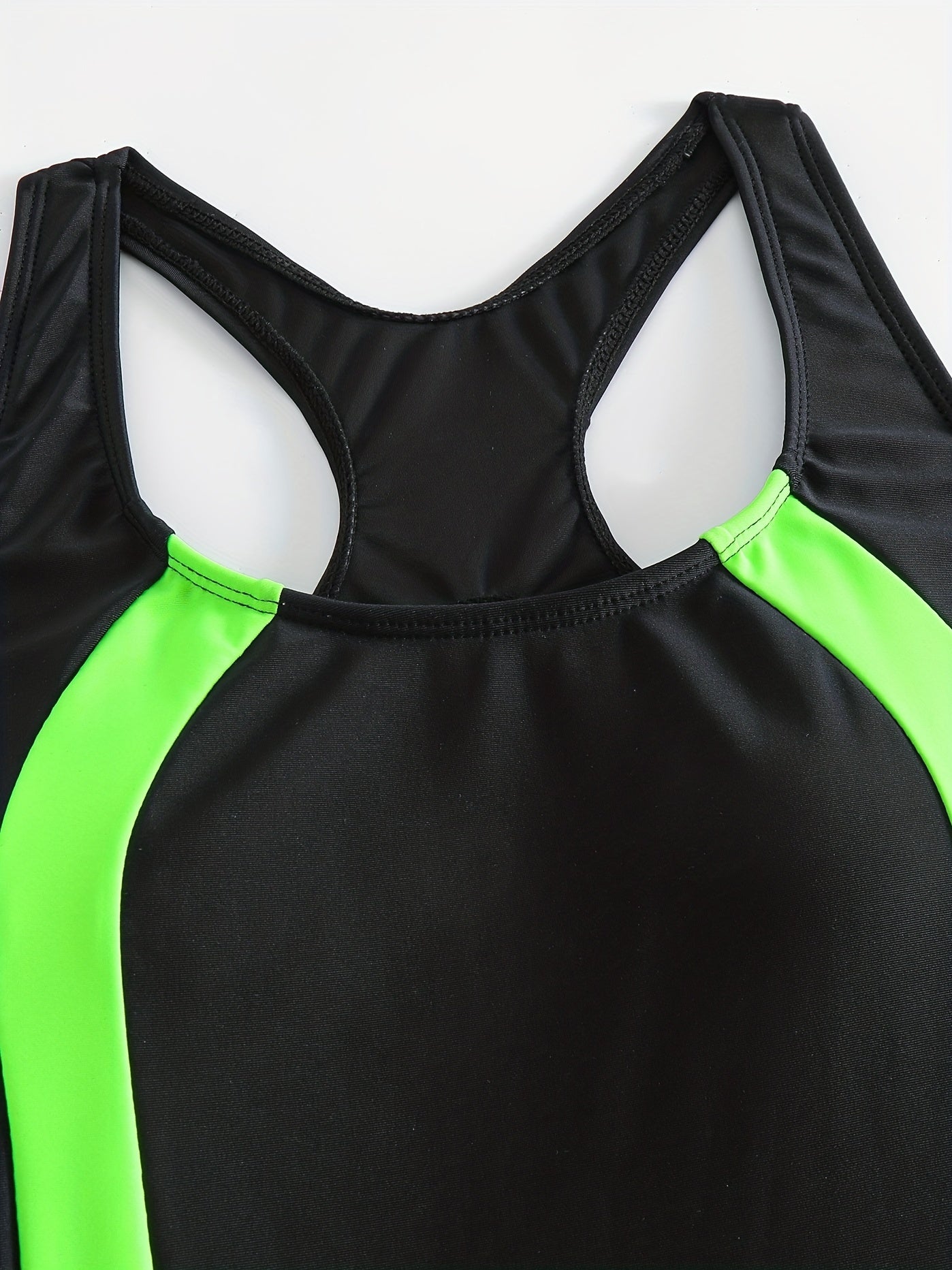 Stripes Block One Piece Swimsuit Neon Green Round Neck Bathing Suit