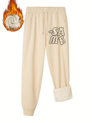 Women's Sporty Pants Plus Size Art Letter Print Liner Fleece Elastic Drawstring