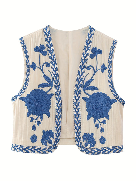 Flower Embroidered Open Front Vest Sleeveless Vest
