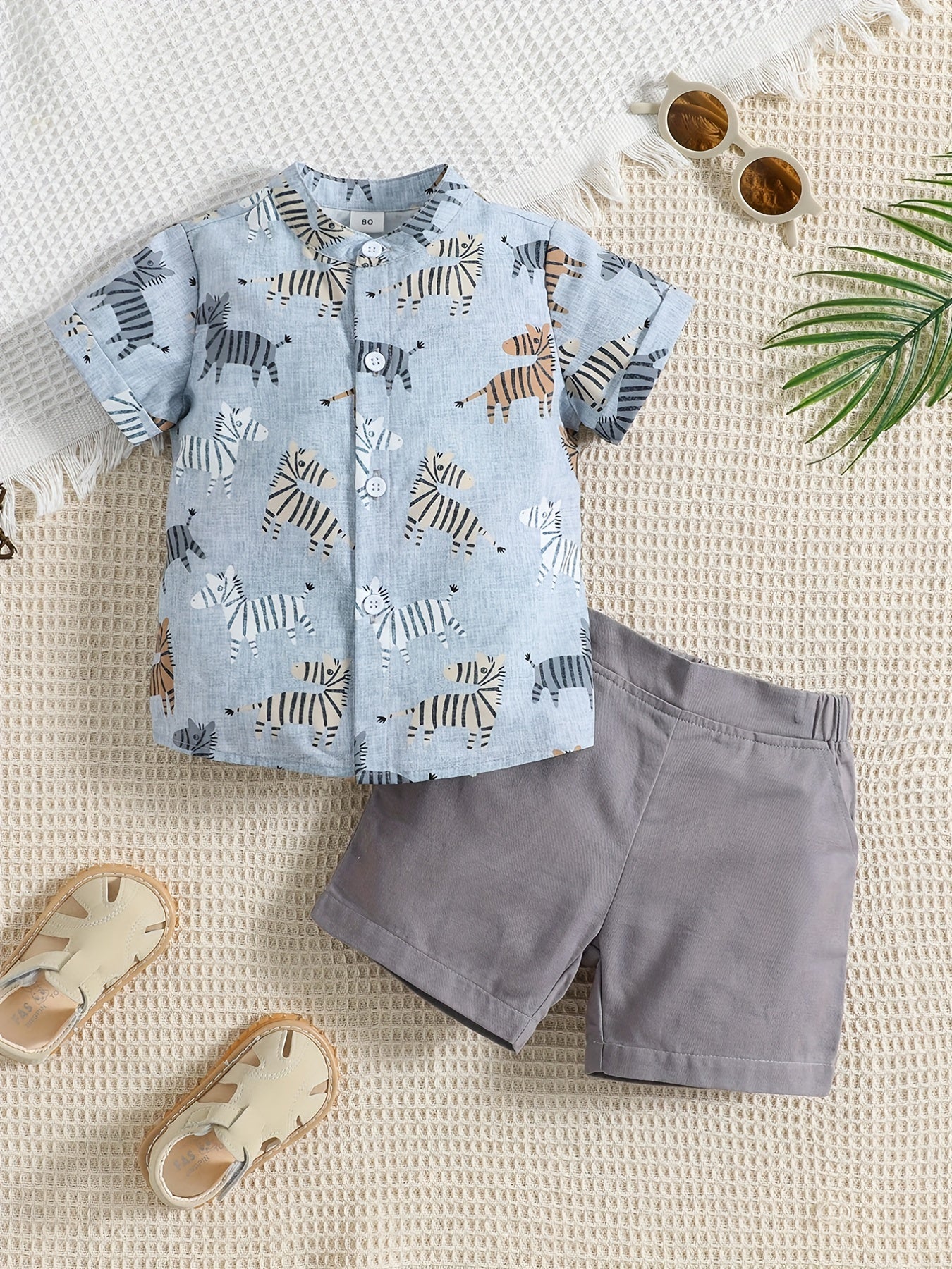 2pcs Baby Boys Animal Print Short Sleeve Shirt & Shorts Set