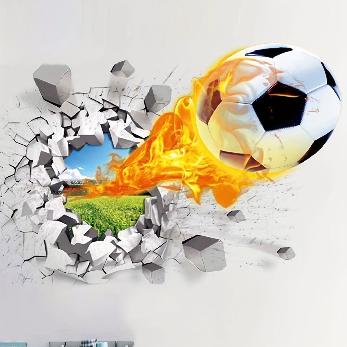 3D Broken Wall Football Sticker Removable Vinyl Wallpaper 50x70cm