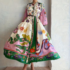  Abstract Print Lantern Sleeve Maxi Dress With Belt