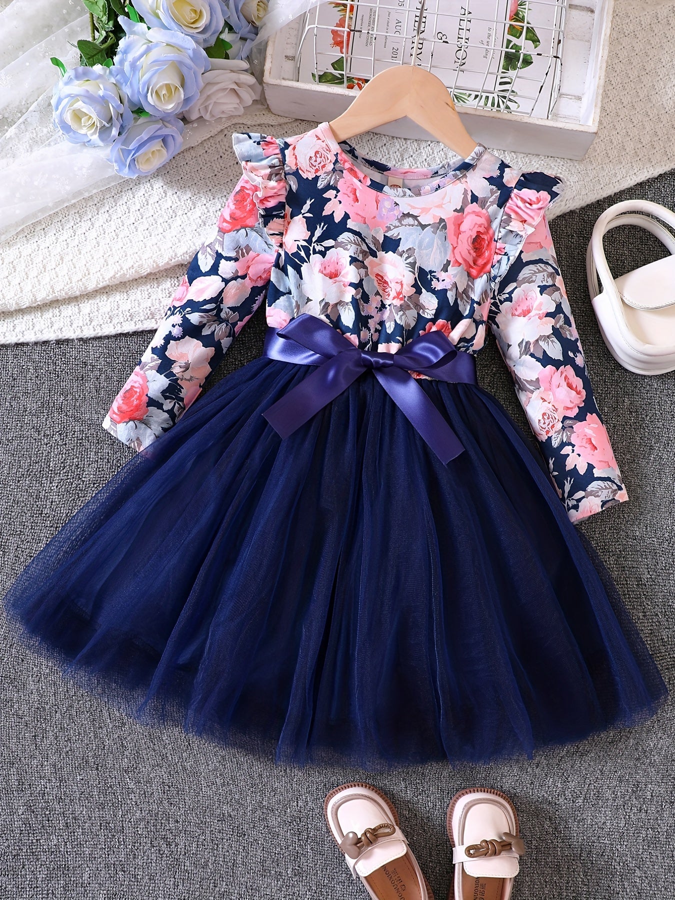 Toddler Girls Flowers Graphic Mesh Princess Dress with Belt