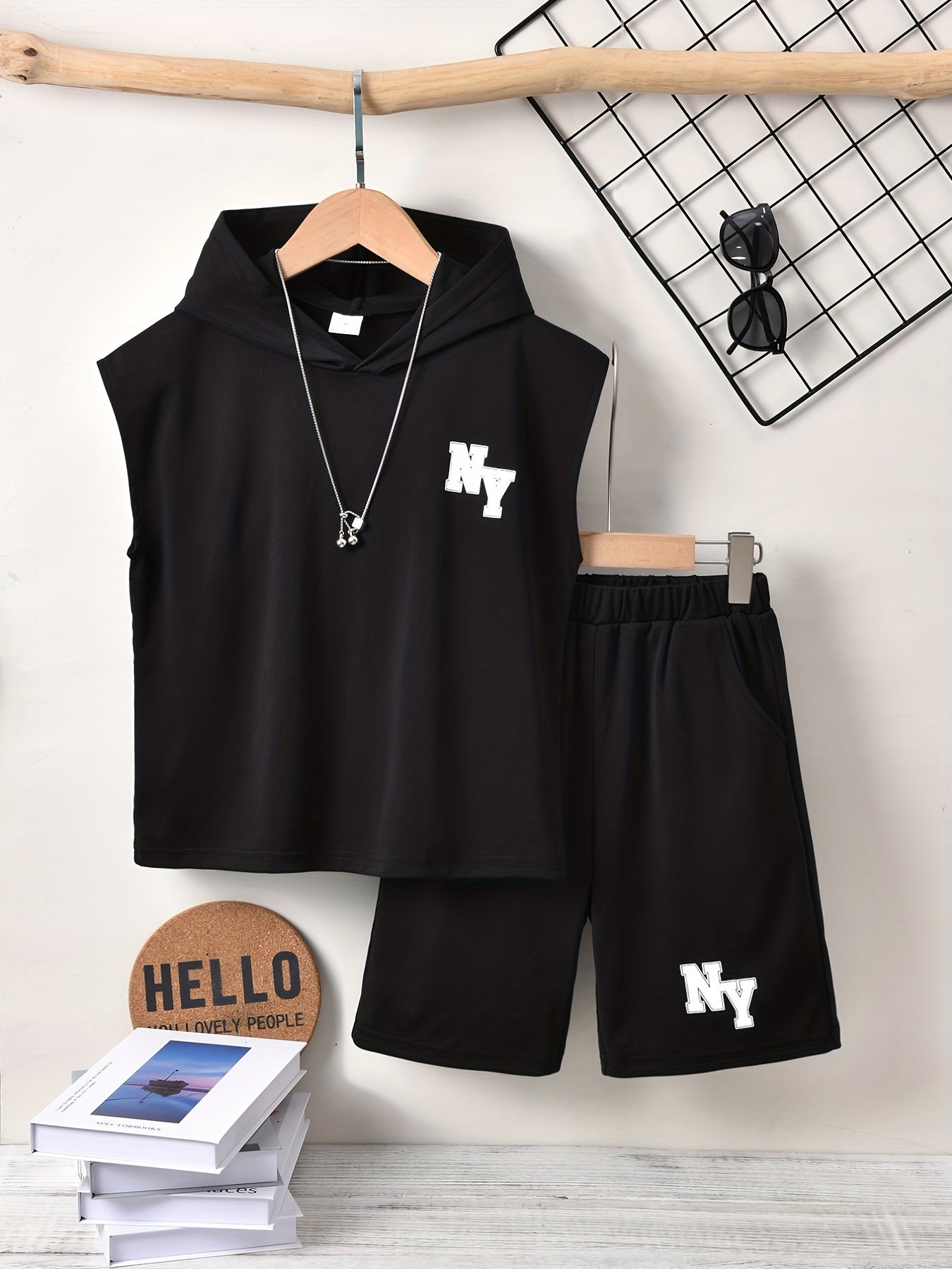 Boys NY Outfit Hooded Tank Top & Shorts Set for Summer