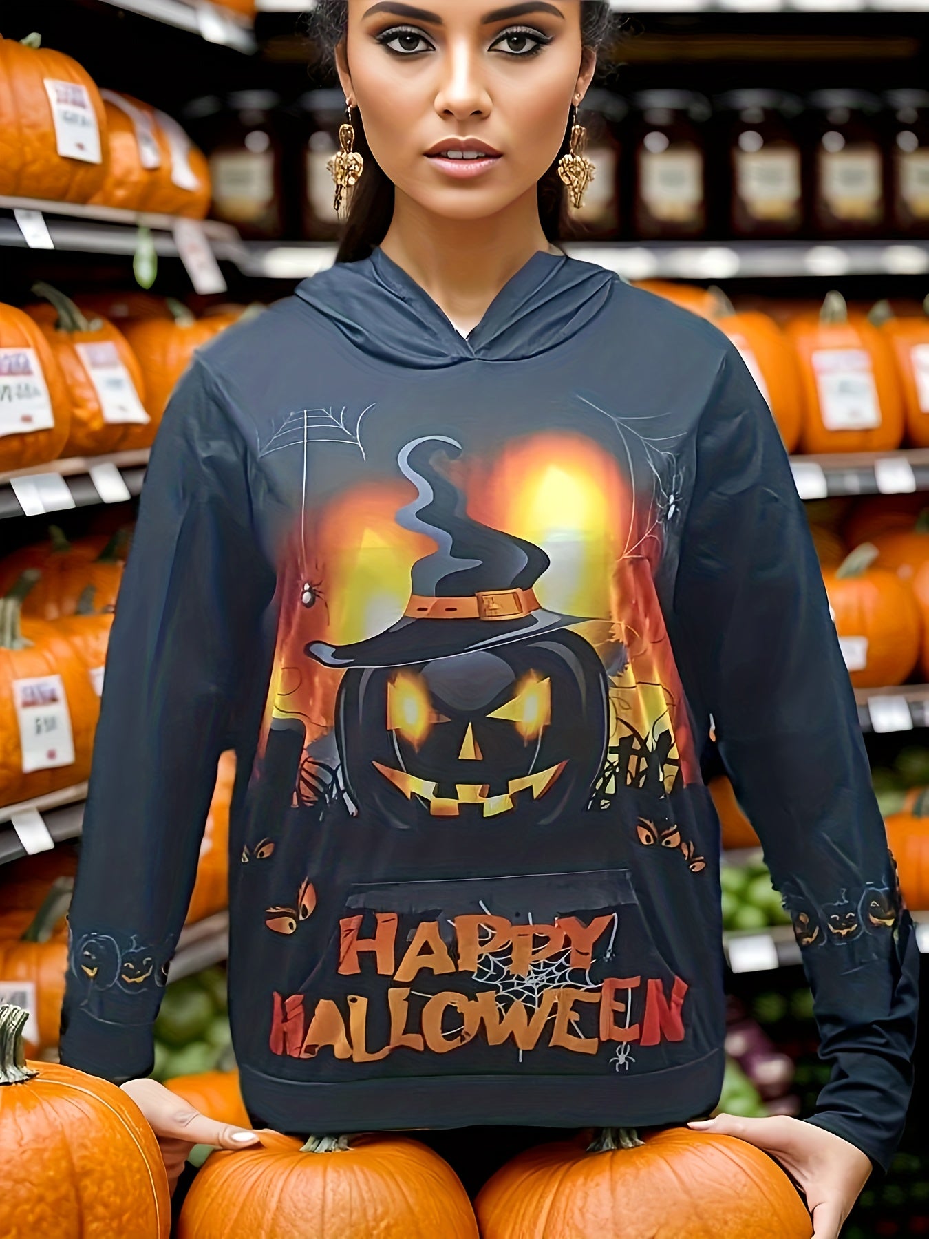  Halloween Sports Top Women's Plus Pumpkin & Spiderweb Print