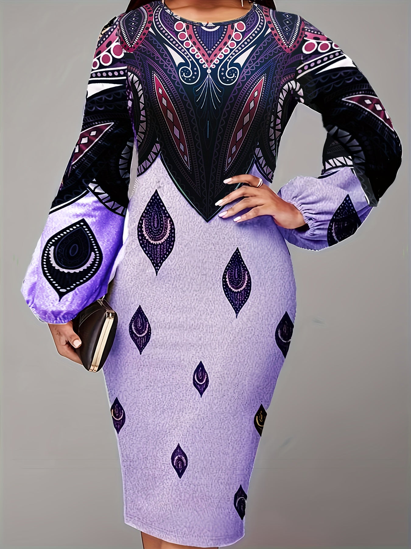  Colorblock Graphic Print Lantern Sleeve Round Neck Midi Dress