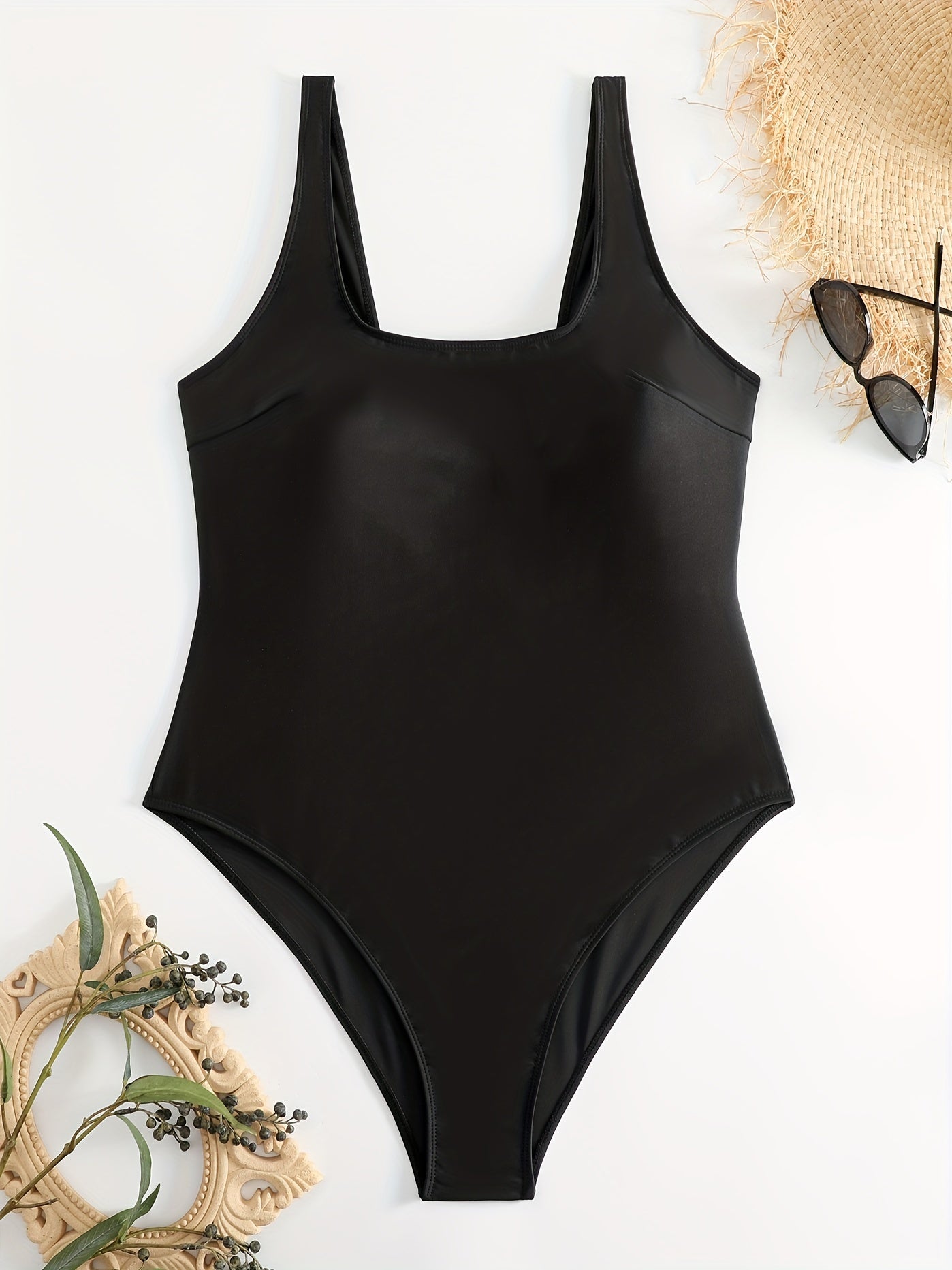  Solid Square Neck One Piece Swimsuit