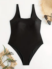  Solid Square Neck One Piece Swimsuit