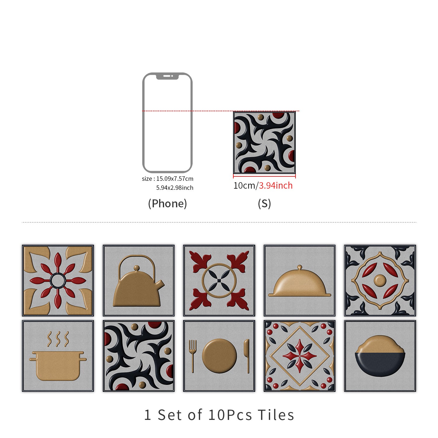 10pcs Vintage Kitchen Tile Sticker Peel Stick Non Slip PVC Wall Sticker