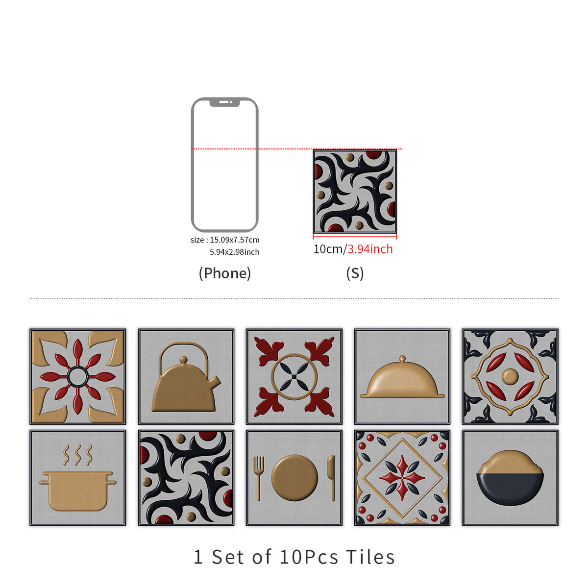 10pcs Vintage Kitchen Tile Sticker Peel Stick Non Slip PVC Wall Sticker