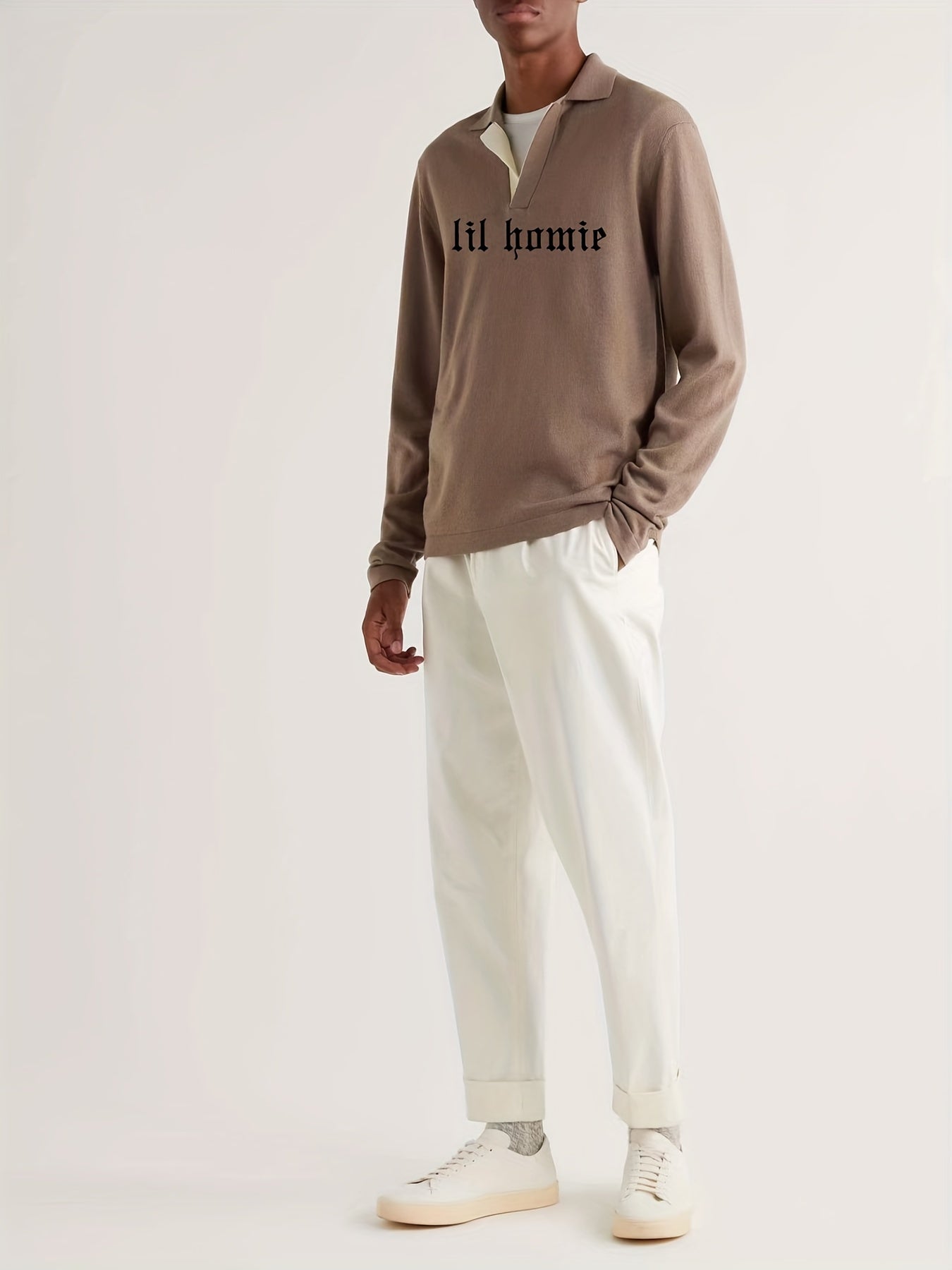 Retro Letter Knit Polo Shirt Men's V Neck Pullover Sweater