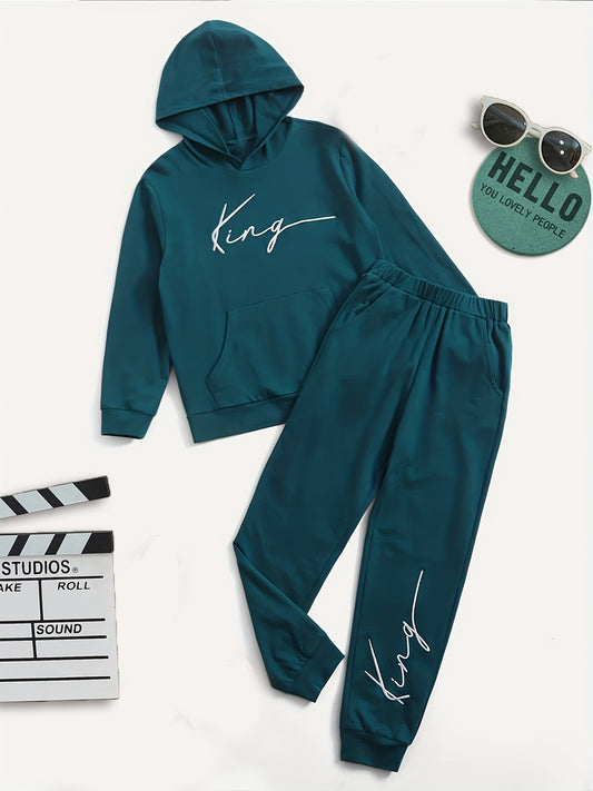 Boy's KING Print 2pcs Hoodie & Sweatpants Set Long Sleeve Top Casual