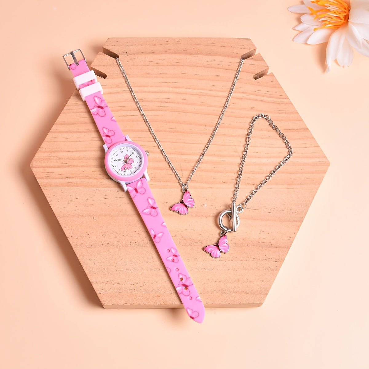 3pcs Butterfly Silicone Watch Strap & Necklace Bracelet Set for Girls