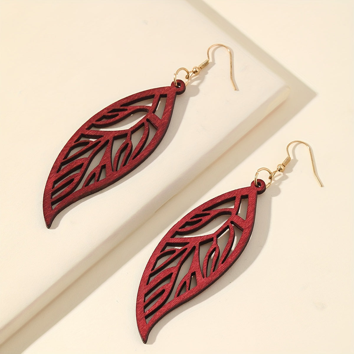 Hollow Leaf Dangle Earrings Bohemian Style Wooden Jewelry