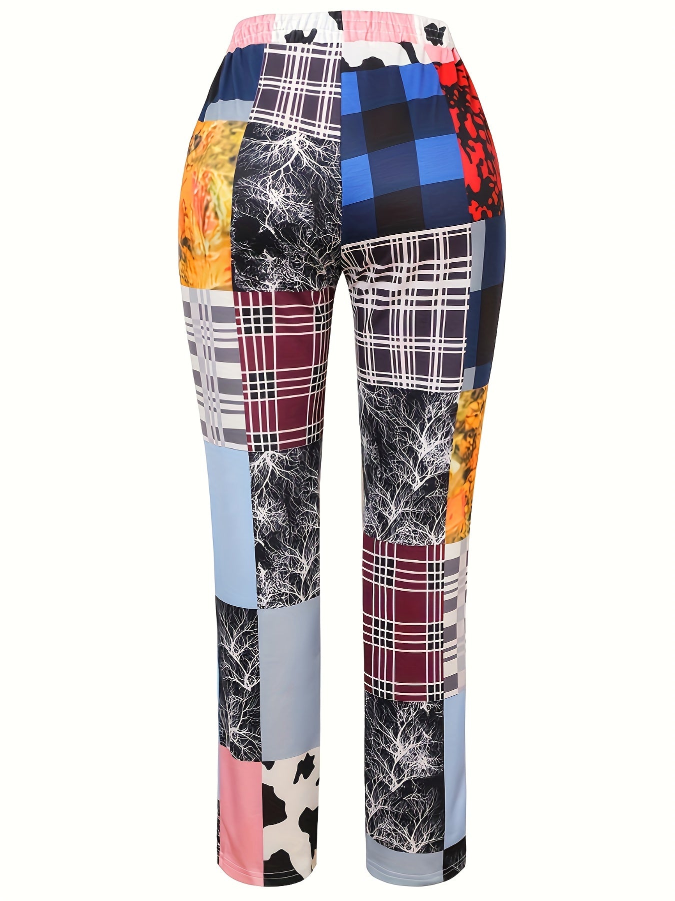  Patchwork Print Elastic Drawstring High Rise Pants