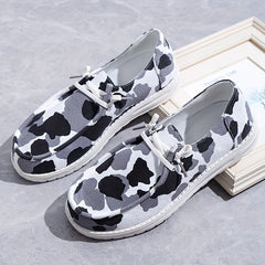 Cow Printed Flat Loafers Round Toe Lace Up Walking Sneakers