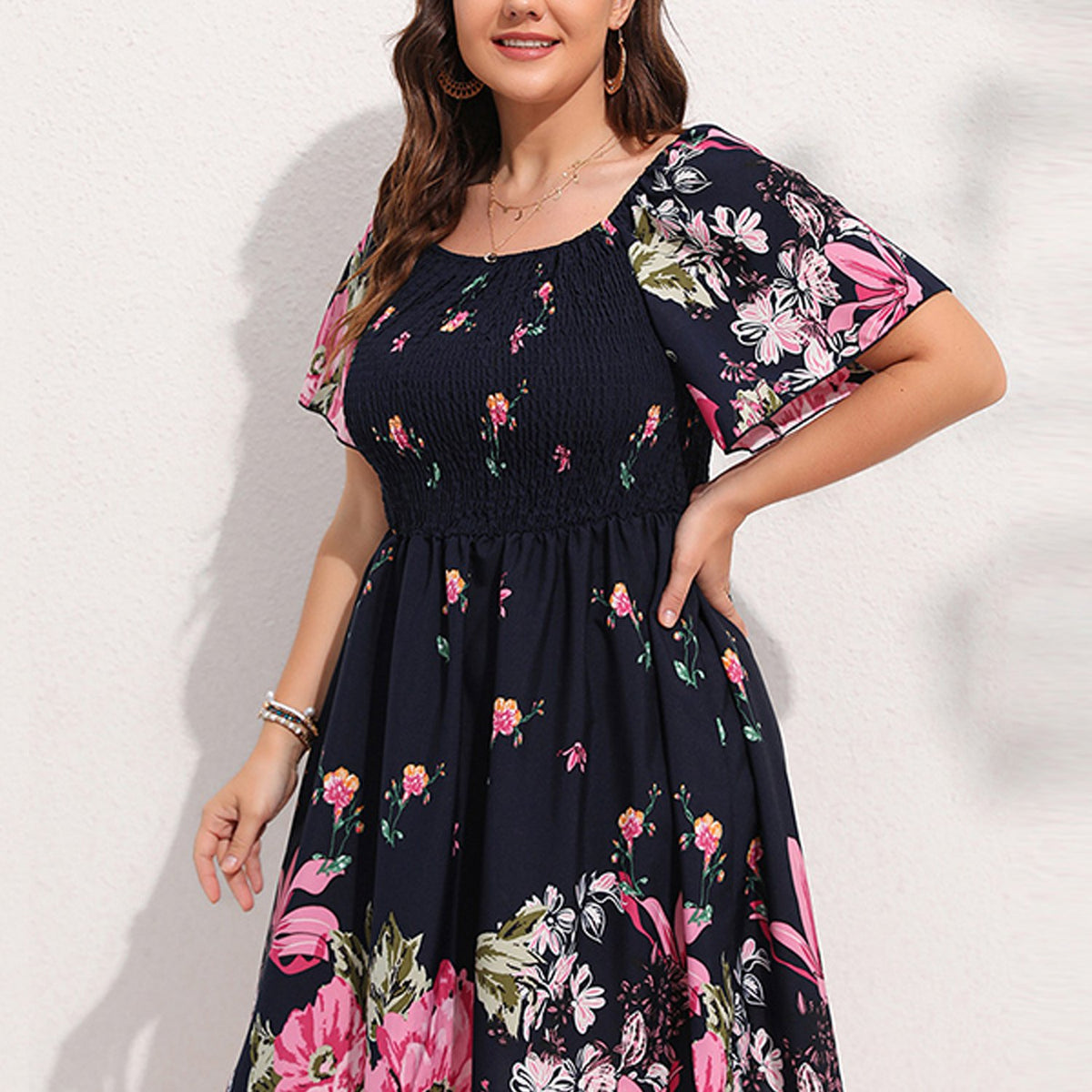  Floral Print Shirred Sleeve Midi Dress