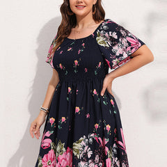  Floral Print Shirred Sleeve Midi Dress