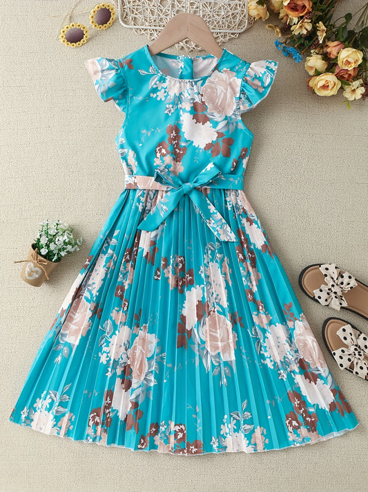 Girls' Boho Floral Pleated Casual Dress Fly Sleeve