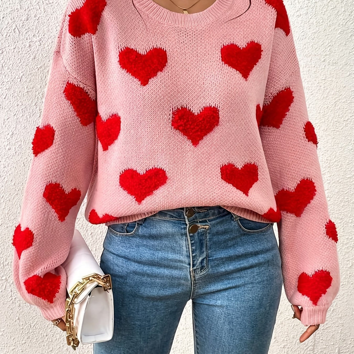 Heart Pattern Crew Neck Pullover Sweater Women's Clothing