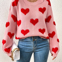 Heart Pattern Crew Neck Pullover Sweater Women's Clothing