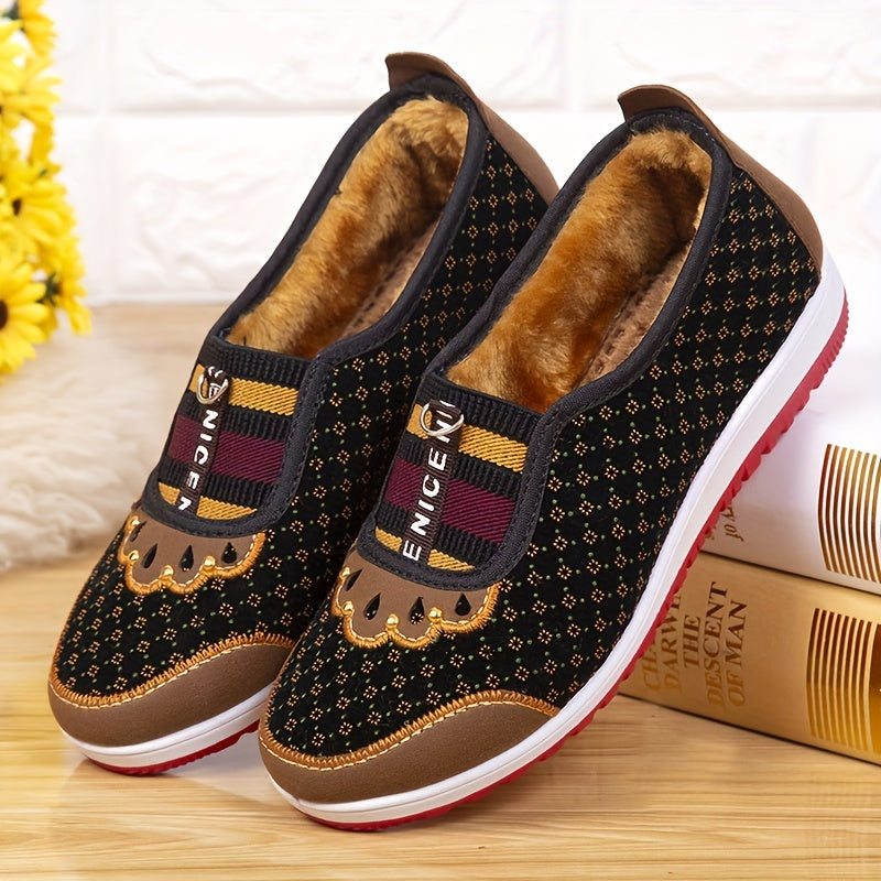 Women's Floral Pattern Plush Lined Canvas Shoes