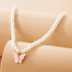 Beaded Necklace Faux Pearls Butterfly Choker Chain for Women