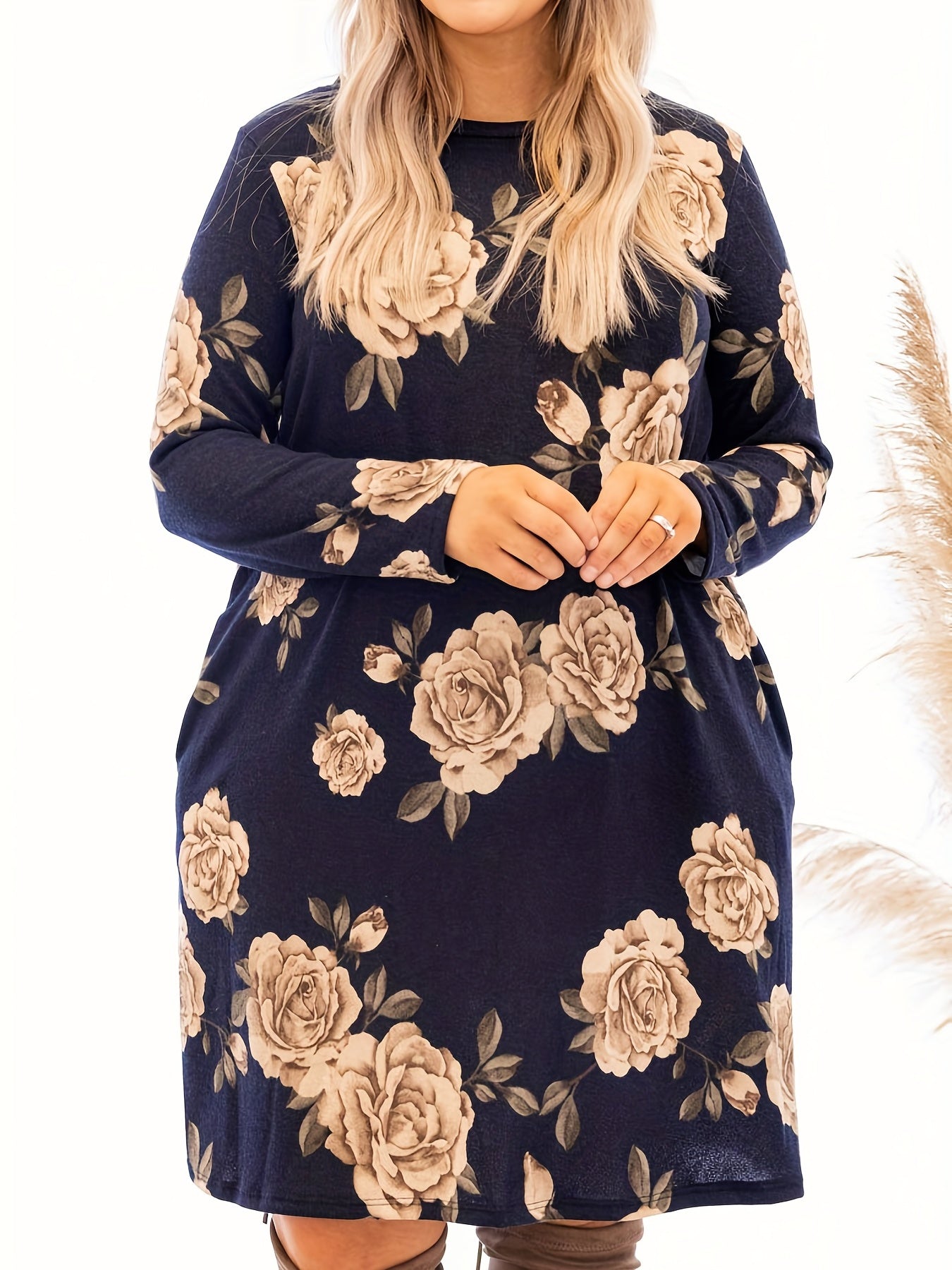  Floral Print Long Sleeve Maxi Dress With Pockets