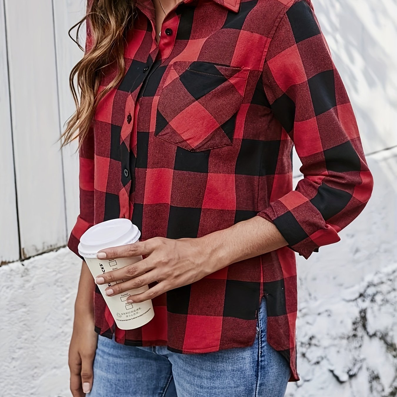  Plaid Print Long Sleeve Button Up Collar Shirt Top