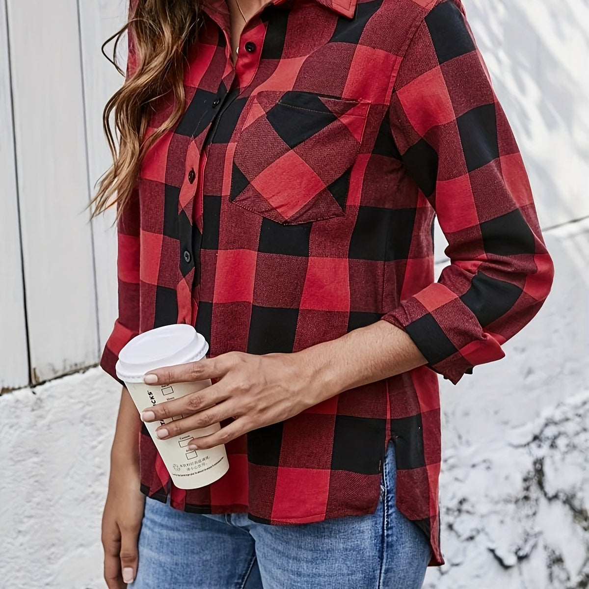  Plaid Print Long Sleeve Button Up Collar Shirt Top