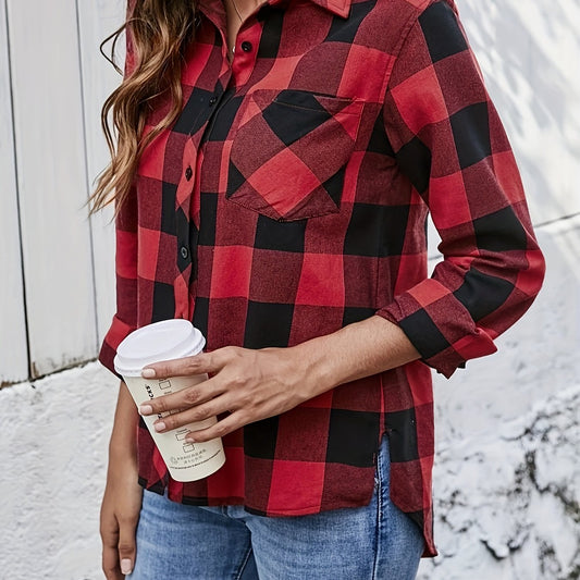  Plaid Print Long Sleeve Button Up Collar Shirt Top