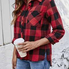 Plaid Print Long Sleeve Button Up Collar Shirt Top