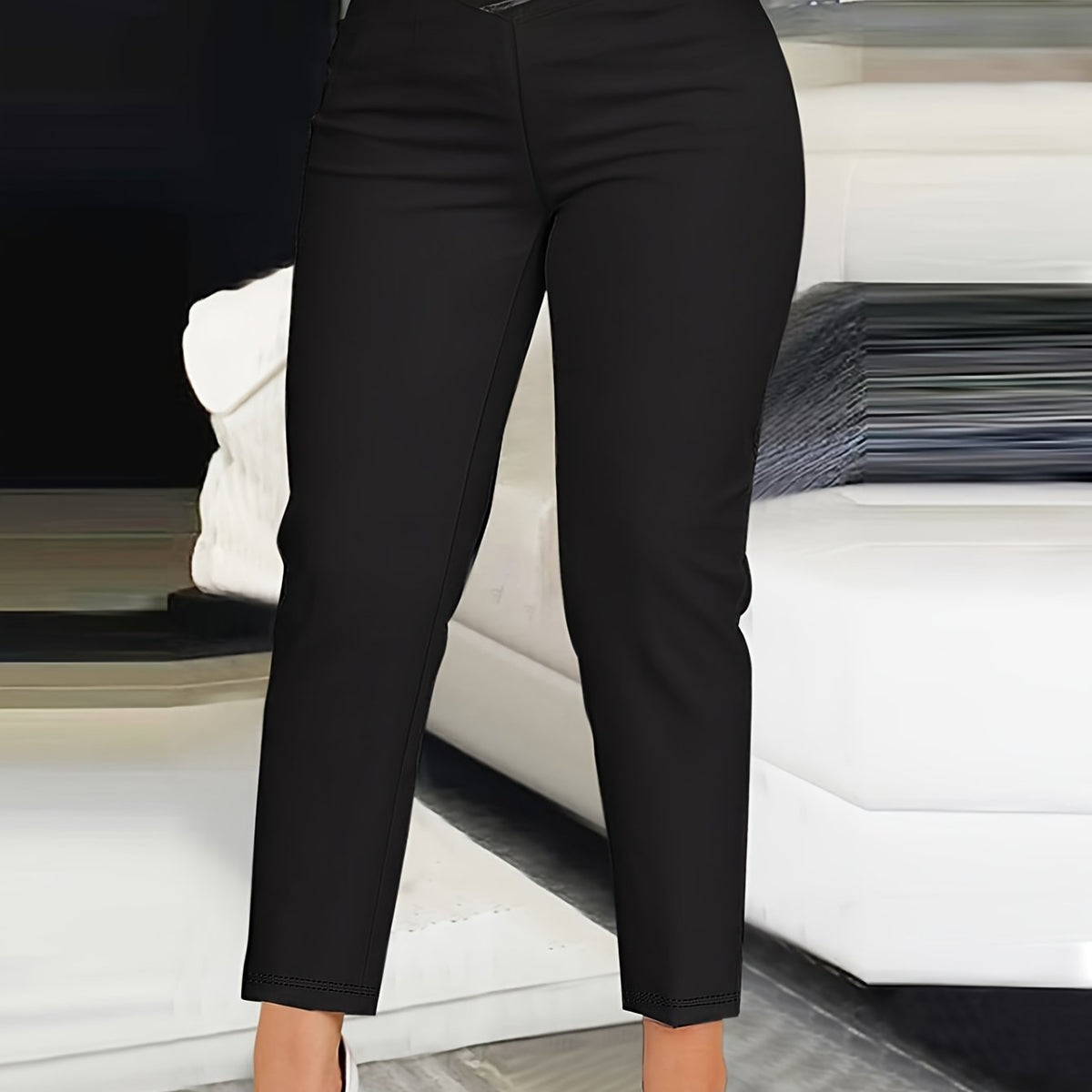  Solid Cross Waist High Rise Tapered Leg Trousers