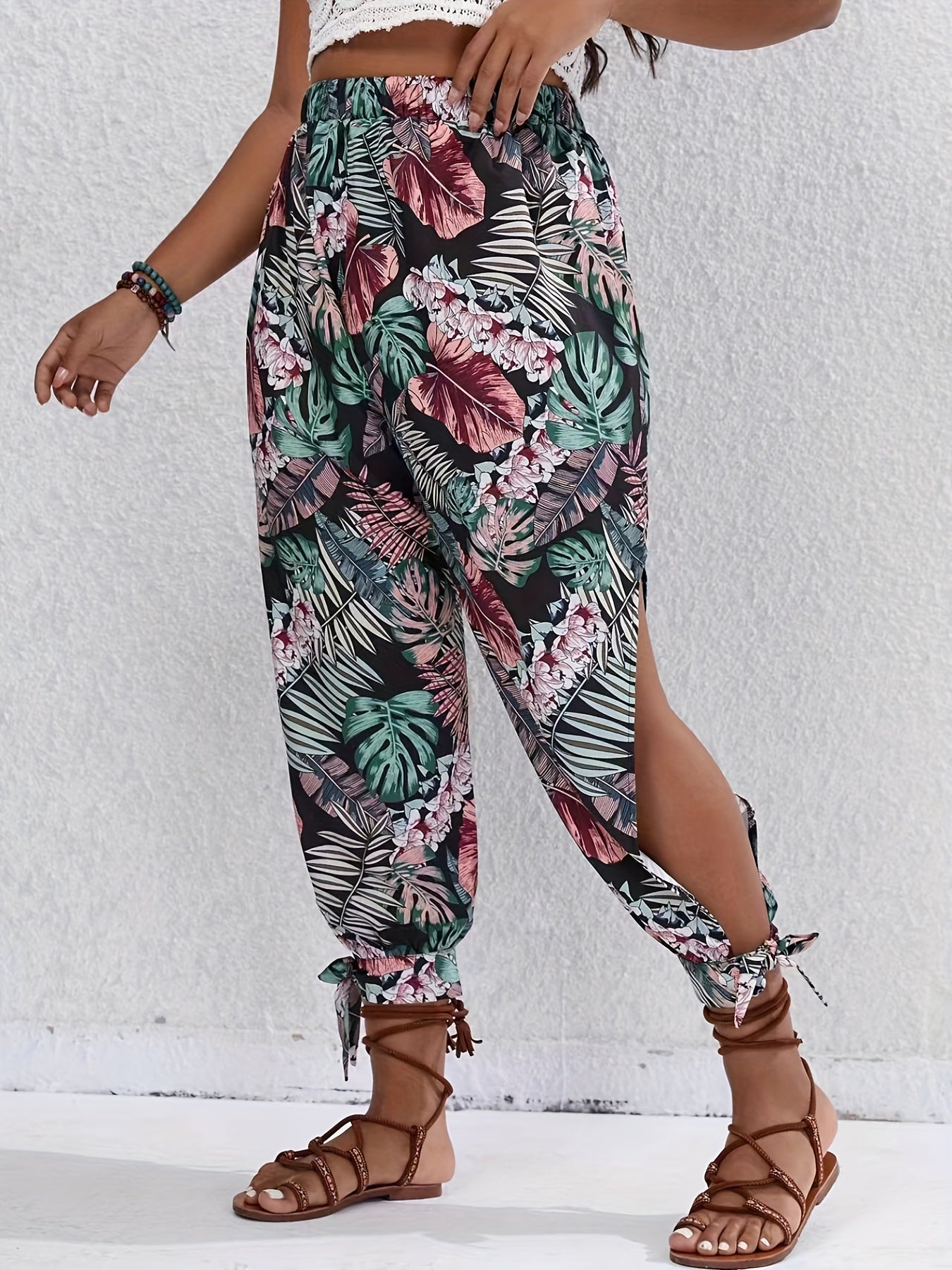  Boho Pants Women's Plus Tropical Print Elastic High Rise Trousers