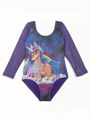 Girls Cartoon Pony & Rainbow Gymnastics Leotard Bodysuit