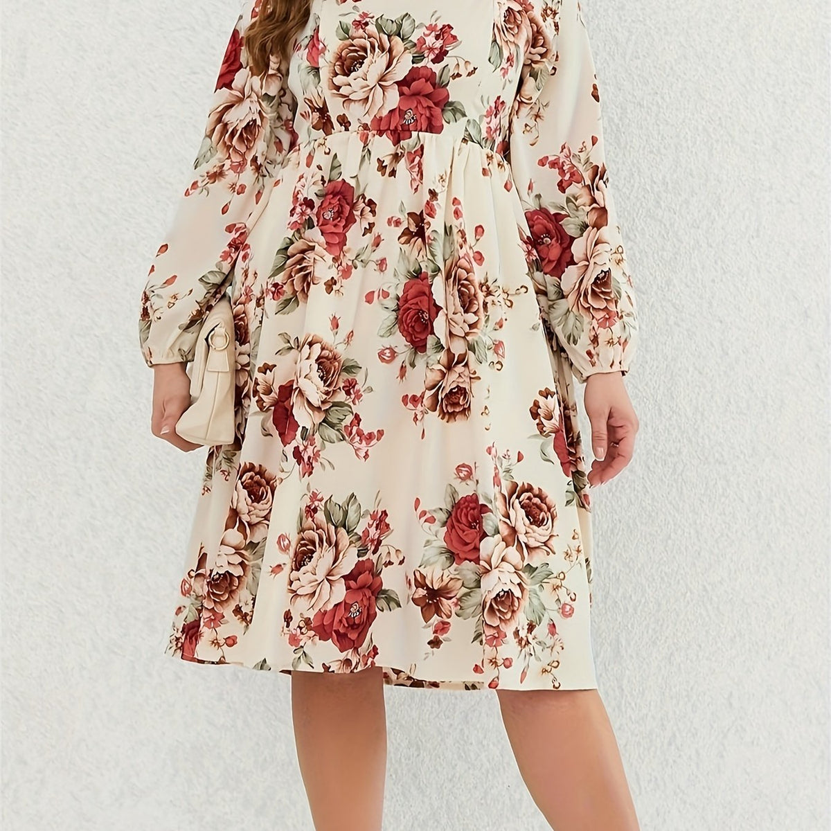  Women's Floral Print Lantern Sleeve Dress