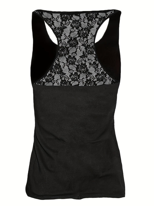 Lace Cross Print Tank Top Sleeveless Crew Neck Sexy Blouse