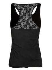 Lace Cross Print Tank Top Sleeveless Crew Neck Sexy Blouse