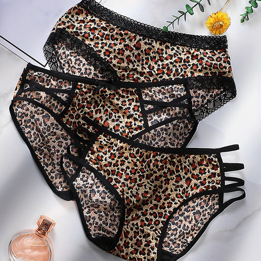 3pcs Leopard Print Briefs Soft Elastic Intimates Panties Women's Lingerie