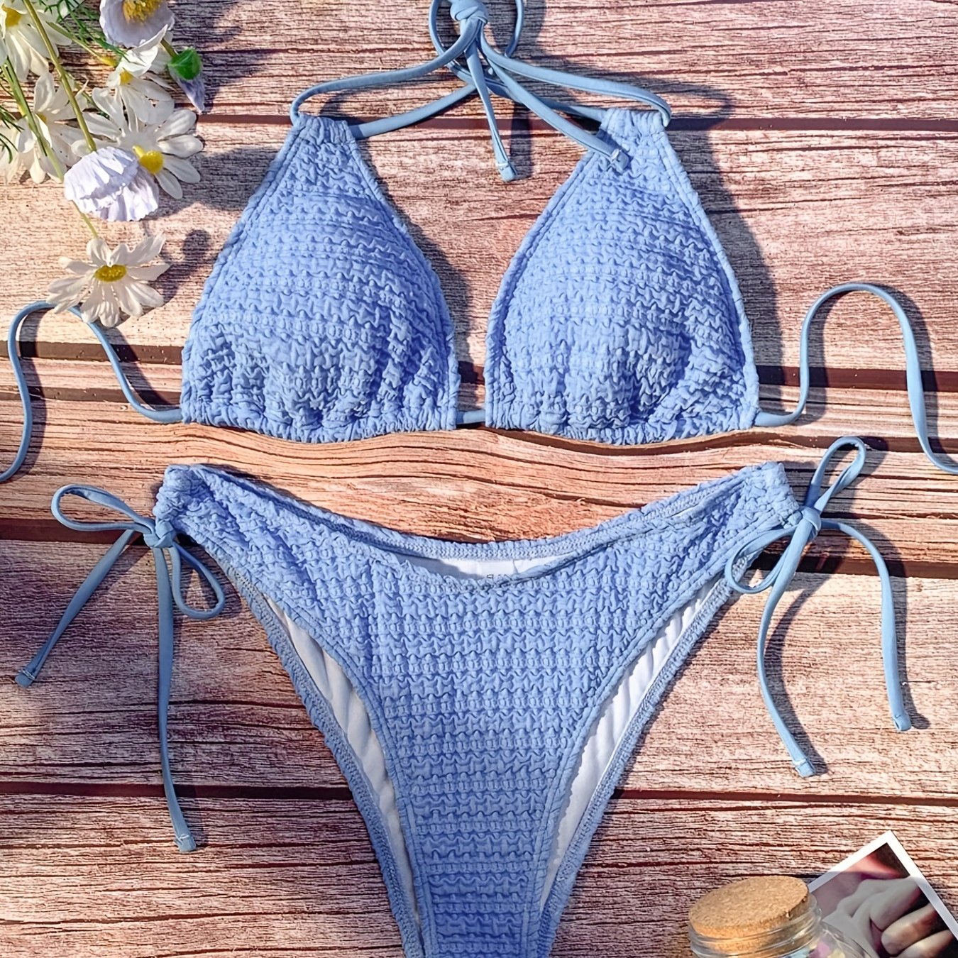 Triangle Ruched Bikini Set Halter V Neck Tie Back Two Piece Swimsuit