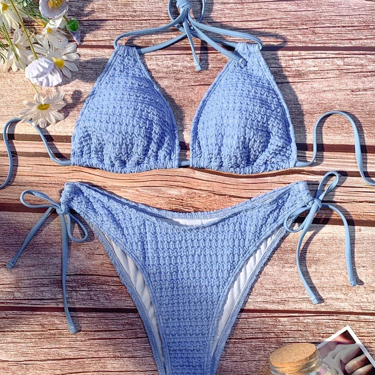 Triangle Ruched Bikini Set Halter V Neck Tie Back Two Piece Swimsuit