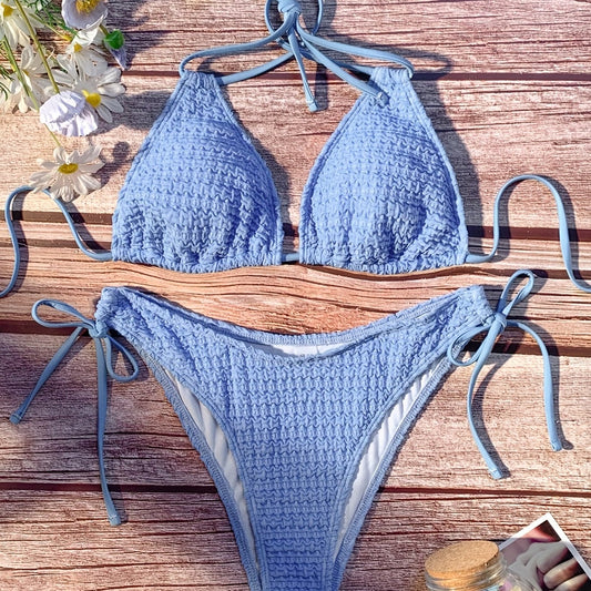 Triangle Ruched Bikini Set Halter V Neck Tie Back Two Piece Swimsuit