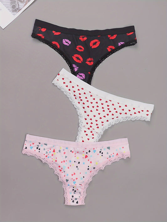 3 Pack Plus Size Panties Set Women's Plus Star & Heart & Kiss Print