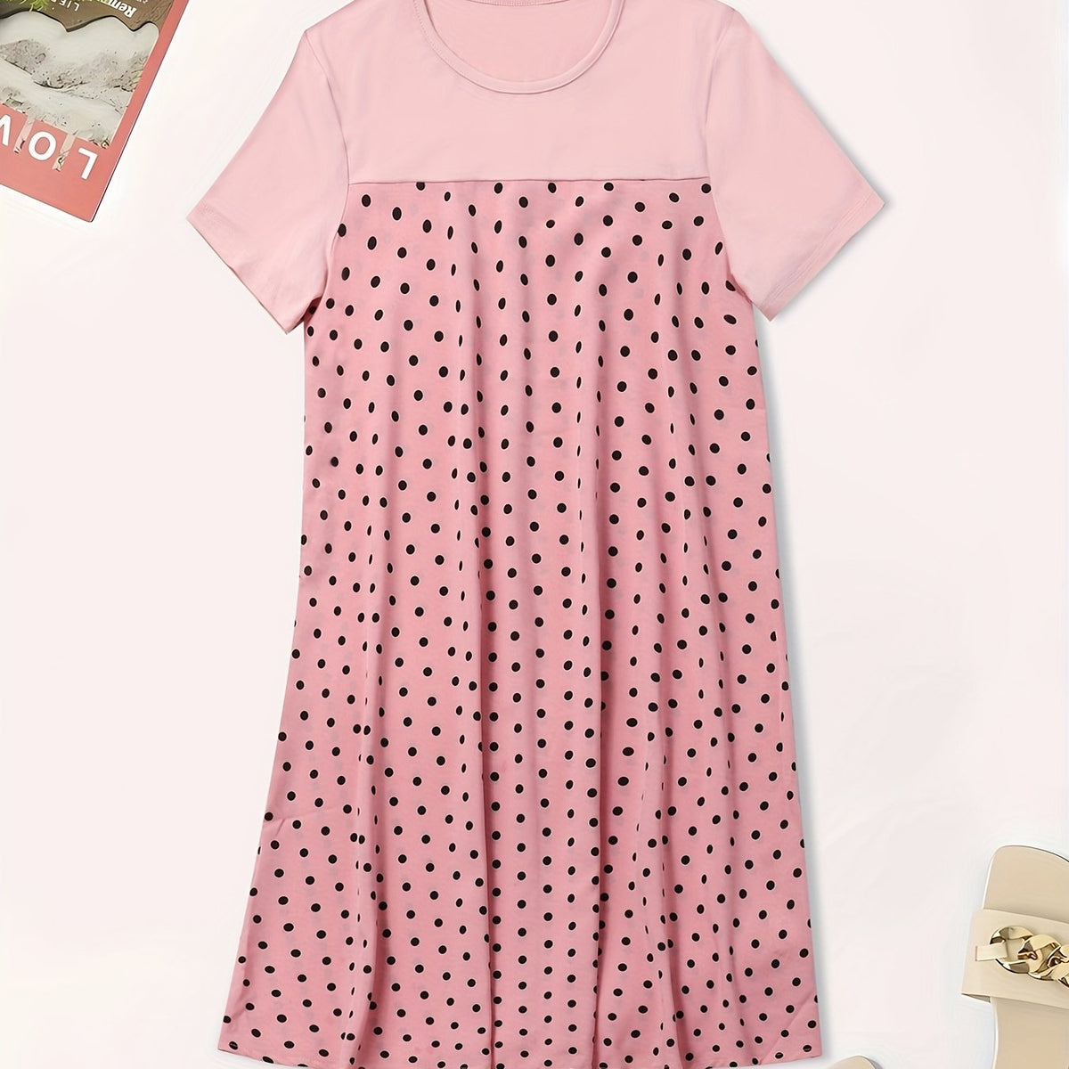  Colorblock Polka Dot Print Short Sleeve Dress