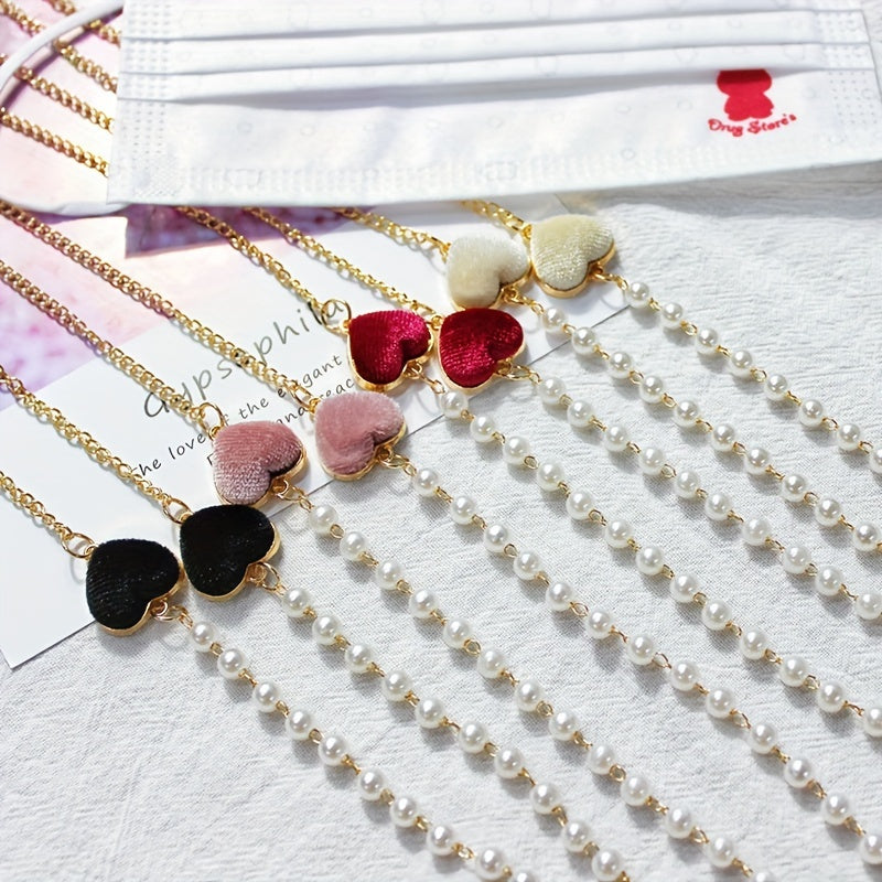 Velvet Double Heart Pendant Mask Chain with Faux Pearl Detail