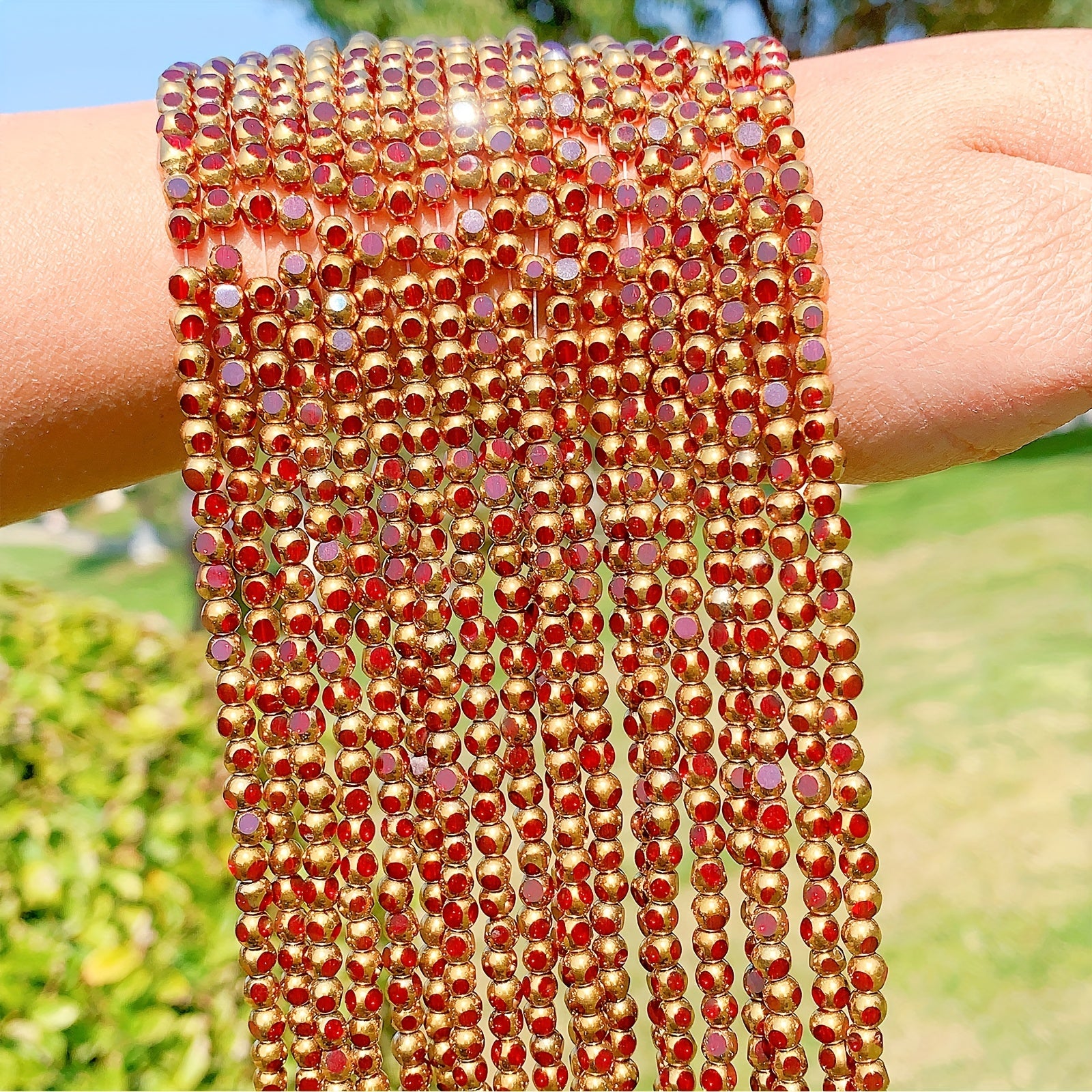 55pcs Golden Faceted Crystal Beads Red Glass Spacer Beads